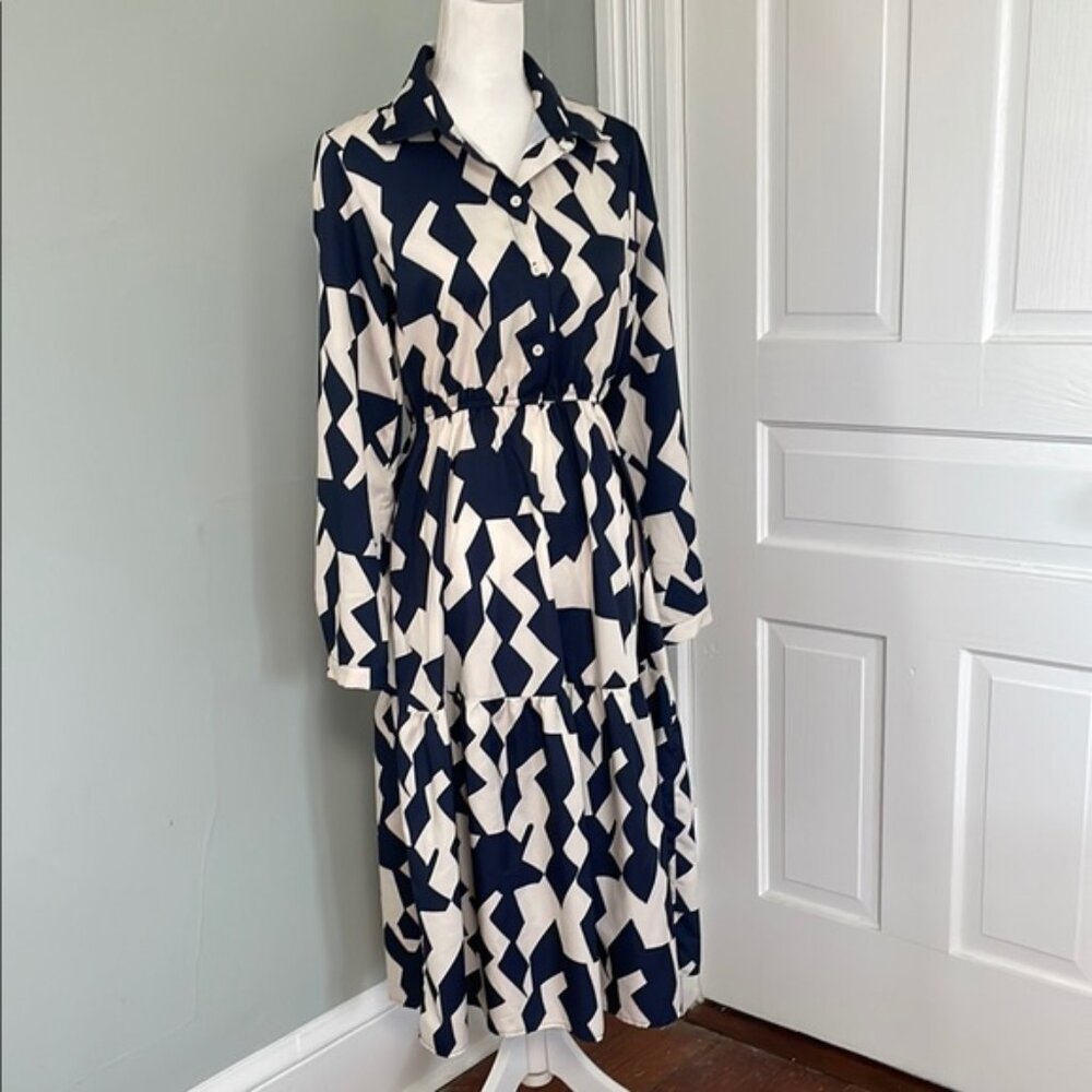 Shein Navy and White Geometric Print Dress long Sleeve Tiered Modest